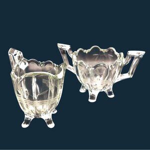 Early American Pressed Glass Floral Etched Creamer & Open Sugar Set EAPG